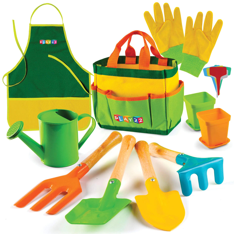 Play22 Kids Gardening Tool Set 12 PCS - Kids Gardening Tools Shovel Rake Fork Trowel Apron Gloves Watering Can and Tote Bag Toddler Gardening Tools for Kids Best Outdoor Toys Gift for Boys and Girls