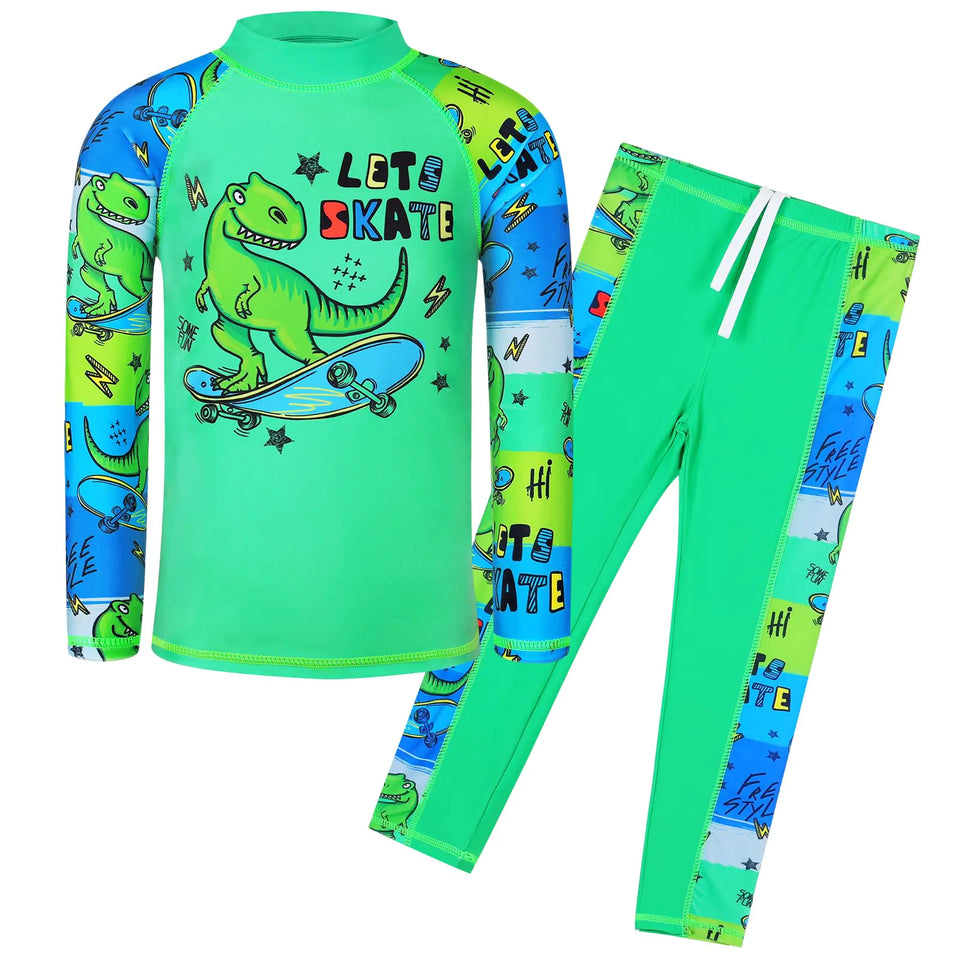 TFJH E Boys Long Sleeve Swimwear 2pcs Bathing Suits UV 50+ Rash Guard Sets Green Dinosaur 128/134