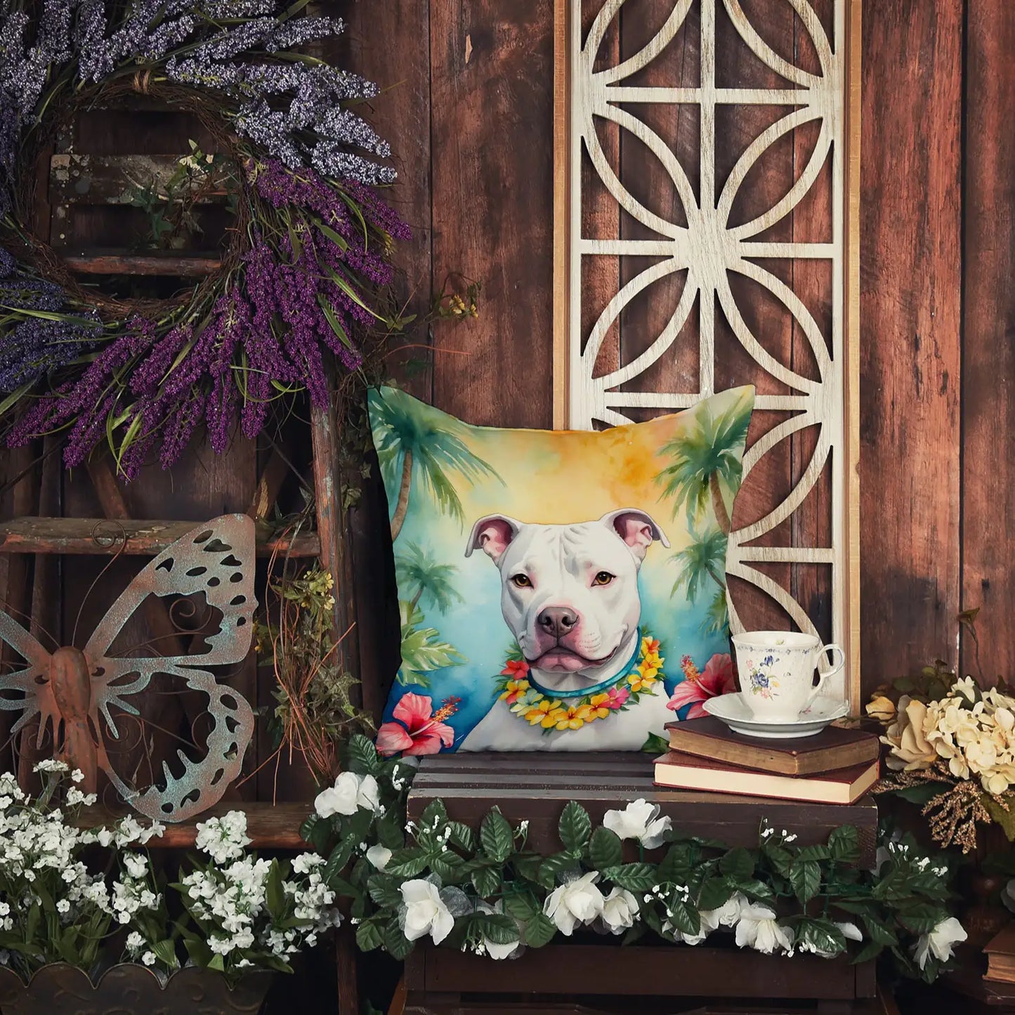 Pit Bull Terrier Luau Throw Pillow