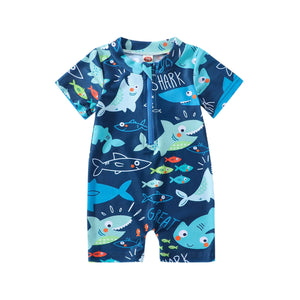Baby Boy Swimsuit Infant Rash Guard Swimwear One Piece Short Sleeve Zipper Swimwear Sun Protection Bathing Suit (Blue 6-12 Months)