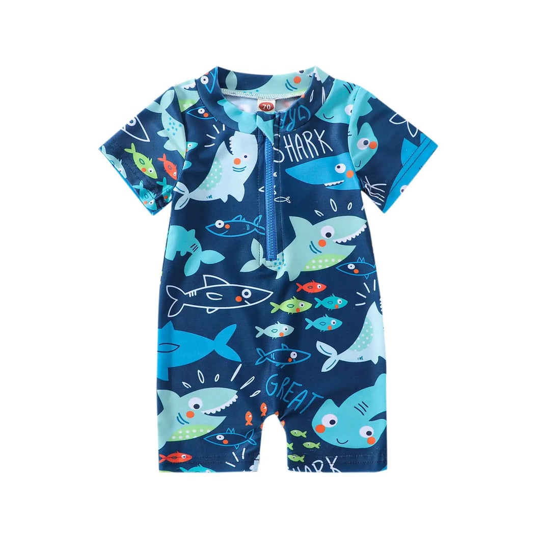 Baby Boy Swimsuit Infant Rash Guard Swimwear One Piece Short Sleeve Zipper Swimwear Sun Protection Bathing Suit (Blue 6-12 Months)