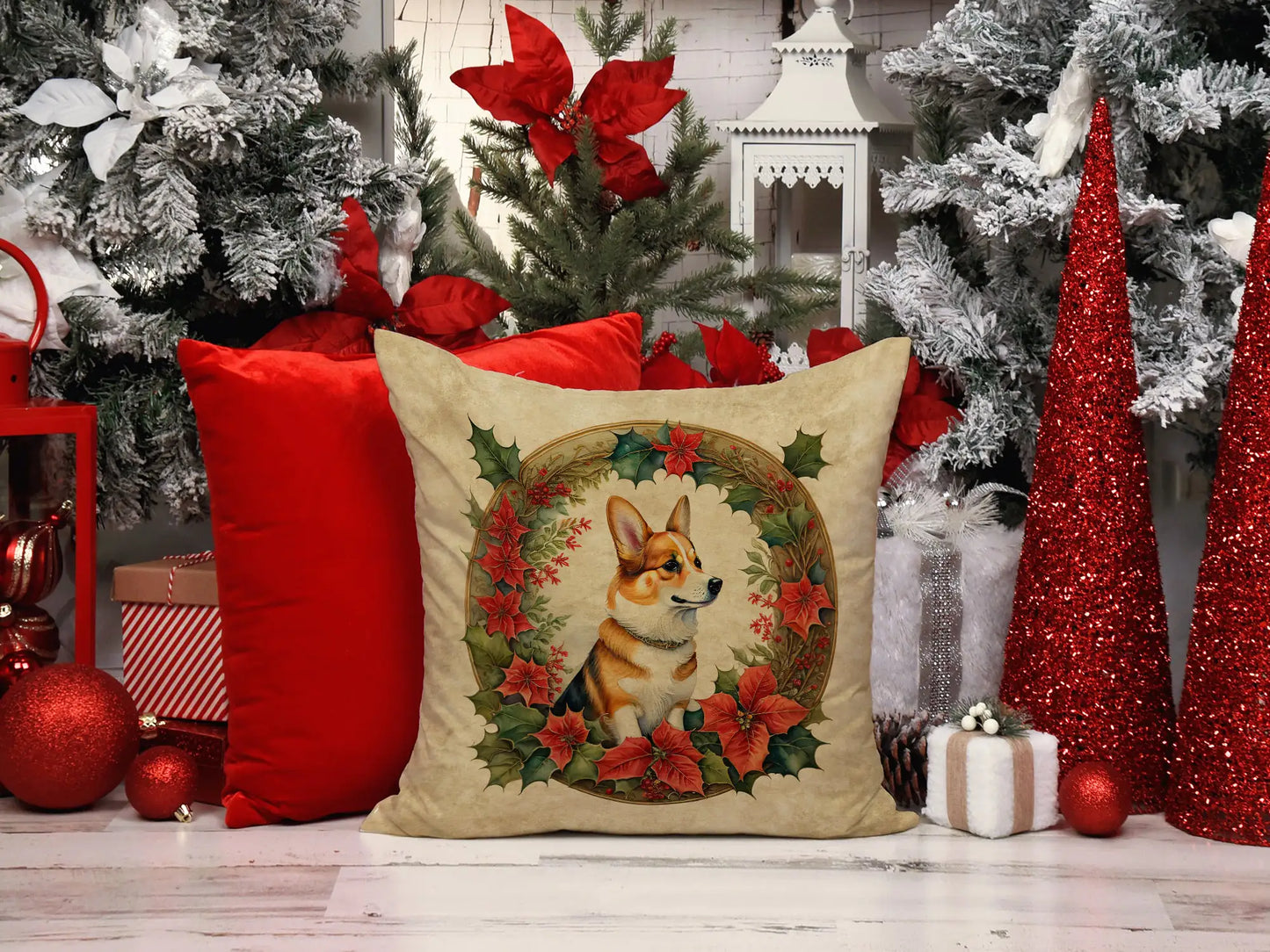 Corgi Christmas Flowers Throw Pillow