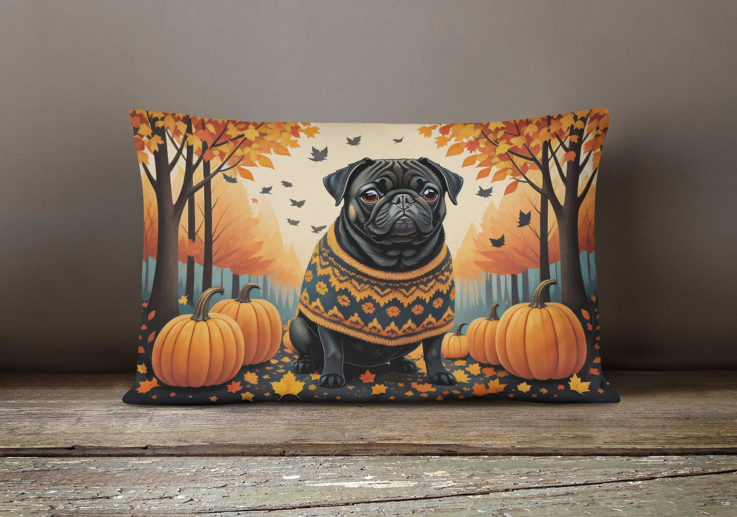 Black Pug Fall Throw Pillow